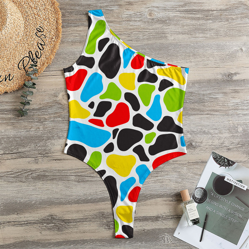 Colorful Cow Print One Shoulder Bodysuit