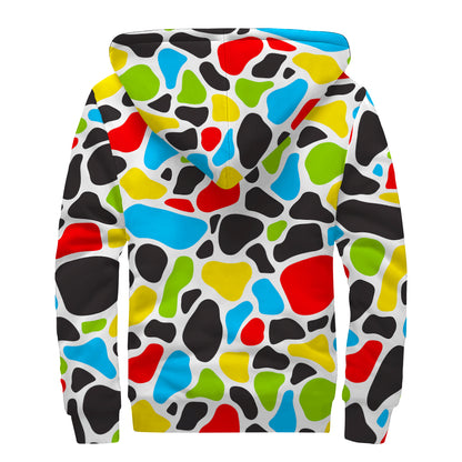 Colorful Cow Print Sherpa Lined Zip Up Hoodie