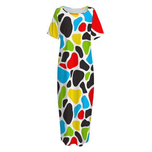 Colorful Cow Print Short Sleeve Long Nightdress
