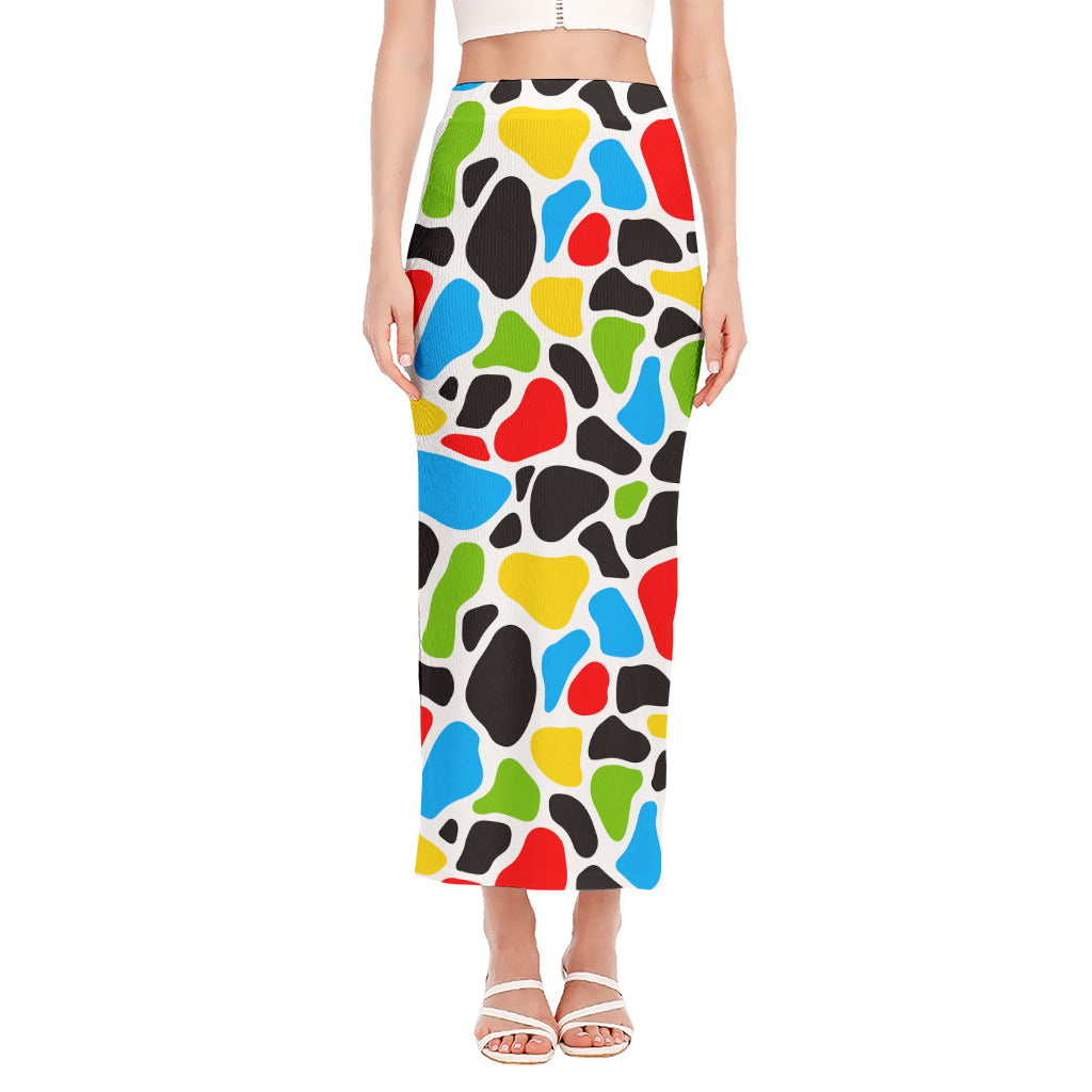 Colorful Cow Print Side Slit Maxi Skirt