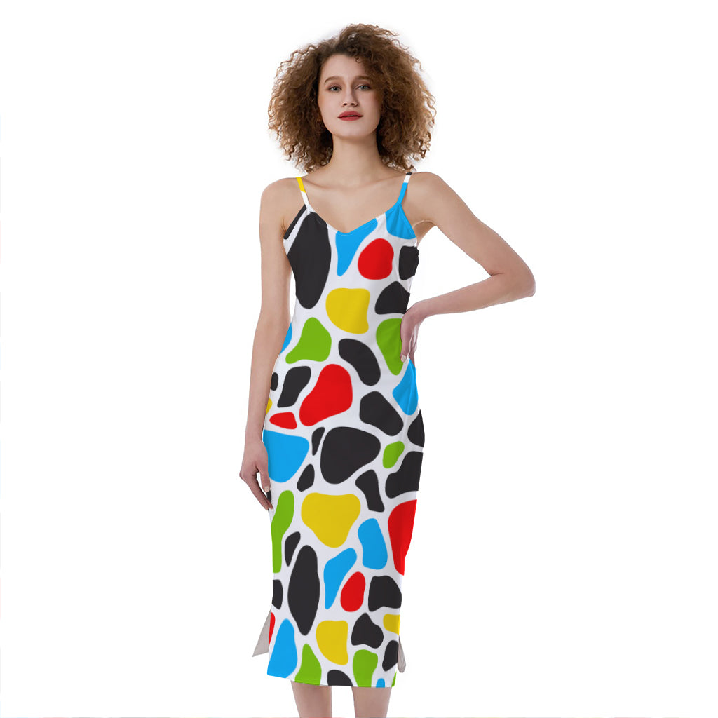 Colorful Cow Print Slim Fit Midi Cami Dress