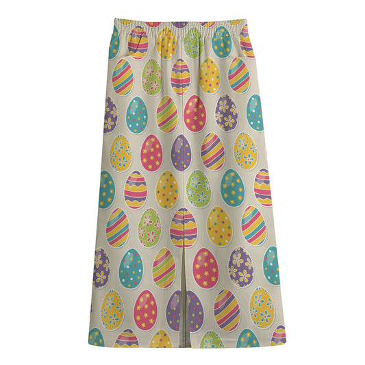 Colorful Cute Easter Eggs Pattern Print Cotton Front Slit Maxi Skirt