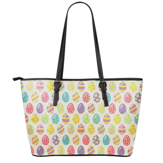 Colorful Cute Easter Eggs Pattern Print Leather Tote Bag