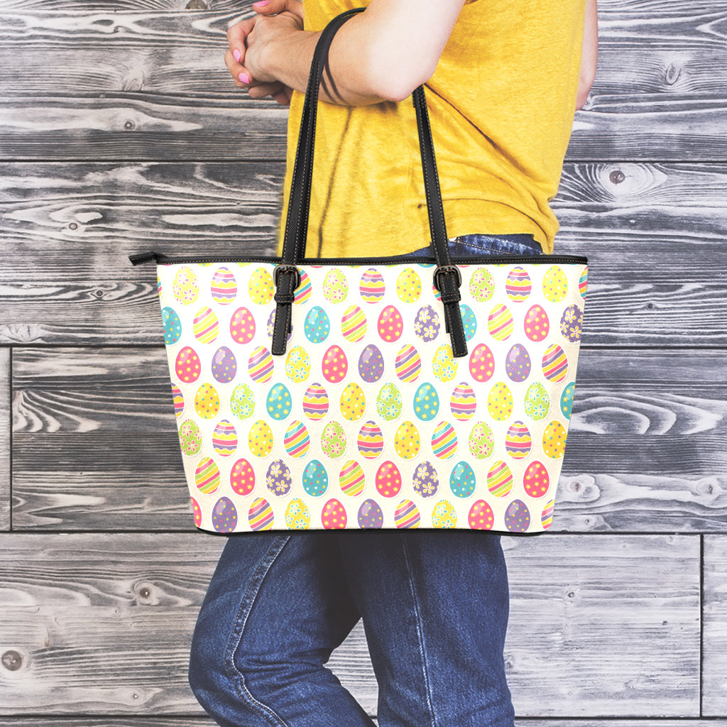 Colorful Cute Easter Eggs Pattern Print Leather Tote Bag