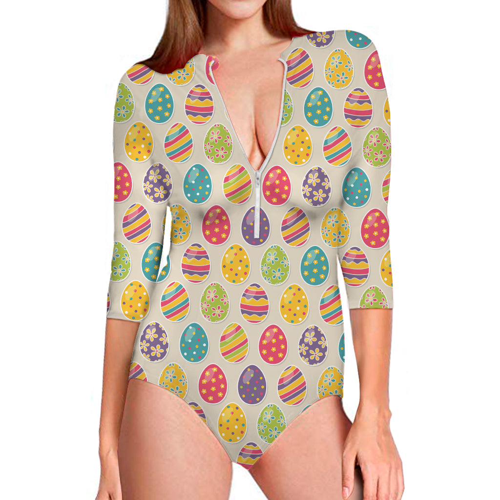 Colorful Cute Easter Eggs Pattern Print Long Sleeve Swimsuit