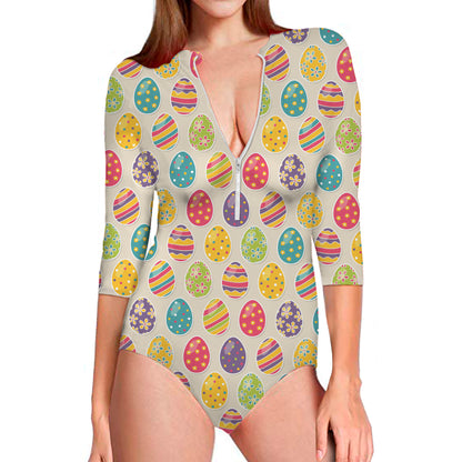 Colorful Cute Easter Eggs Pattern Print Long Sleeve Swimsuit