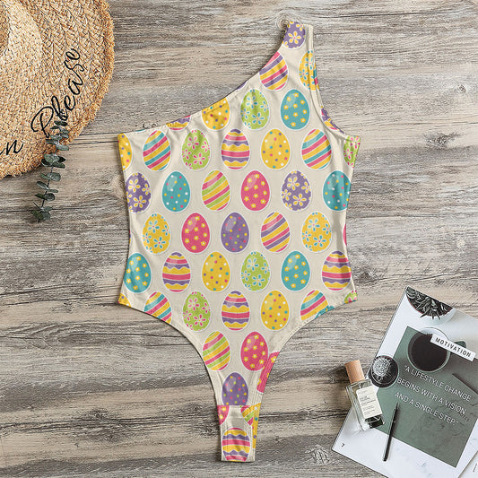 Colorful Cute Easter Eggs Pattern Print One Shoulder Bodysuit