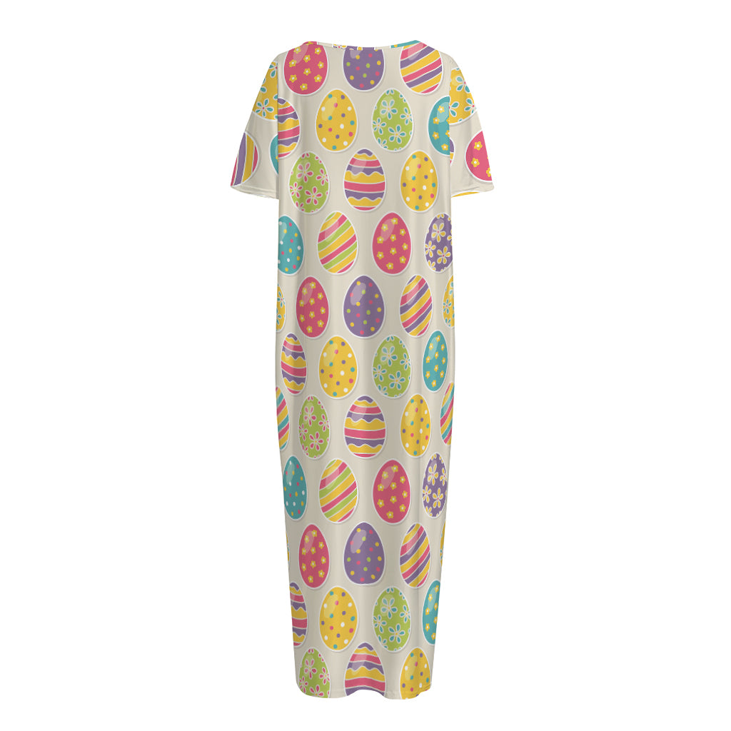 Colorful Cute Easter Eggs Pattern Print Short Sleeve Long Nightdress