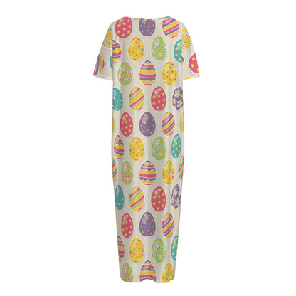 Colorful Cute Easter Eggs Pattern Print Short Sleeve Long Nightdress