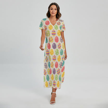 Colorful Cute Easter Eggs Pattern Print Short Sleeve Maxi Dress