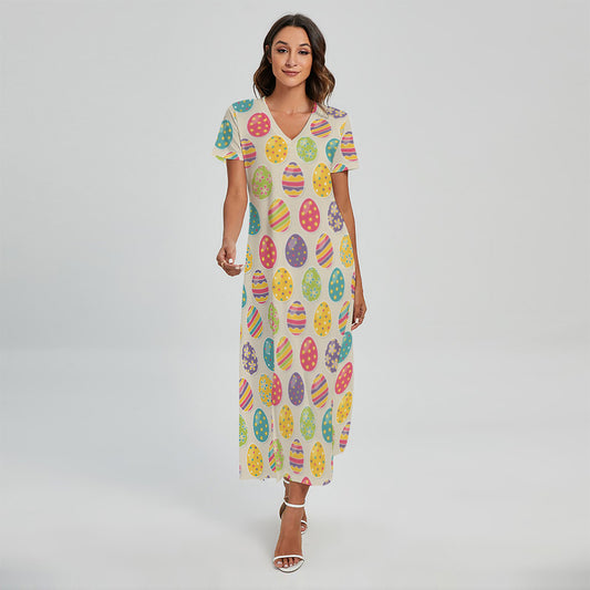 Colorful Cute Easter Eggs Pattern Print Short Sleeve Maxi Dress