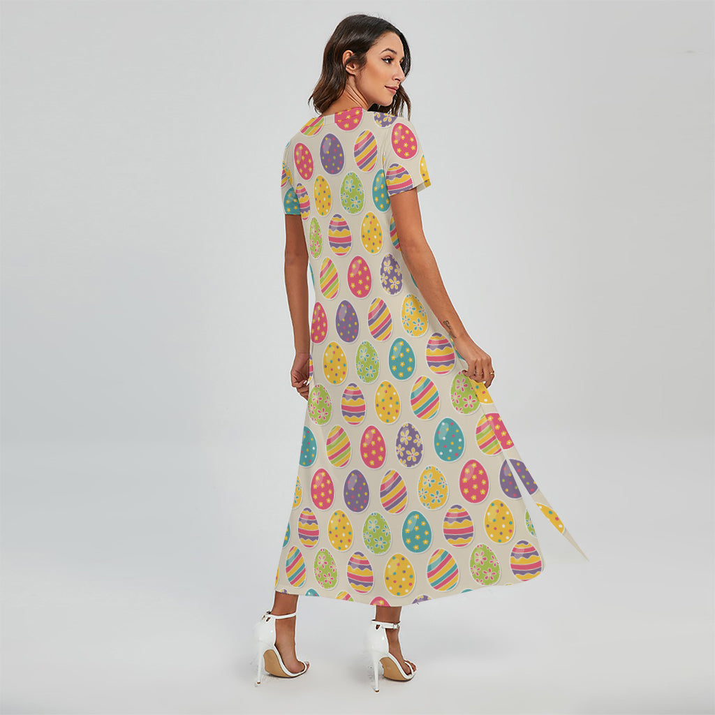 Colorful Cute Easter Eggs Pattern Print Short Sleeve Maxi Dress