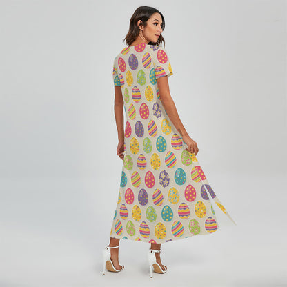 Colorful Cute Easter Eggs Pattern Print Short Sleeve Maxi Dress