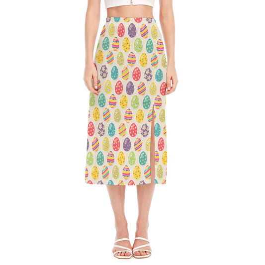 Colorful Cute Easter Eggs Pattern Print Side Slit Midi Skirt