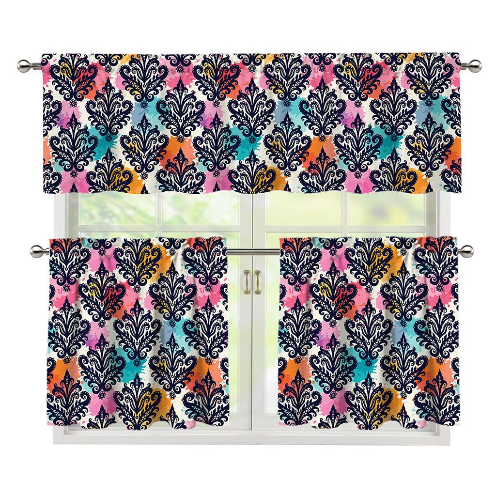 Colorful Damask Pattern Print 3 Piece Kitchen Curtains