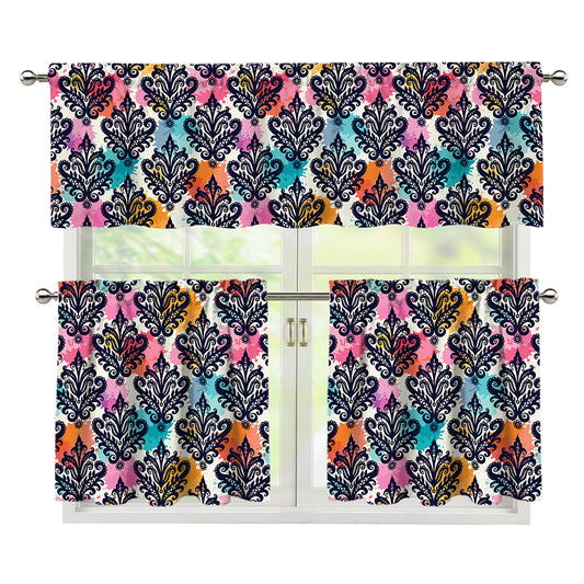 Colorful Damask Pattern Print 3 Piece Kitchen Curtains