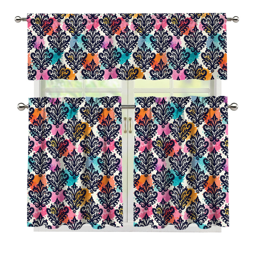 Colorful Damask Pattern Print 3 Piece Kitchen Curtains