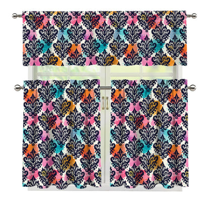 Colorful Damask Pattern Print 3 Piece Kitchen Curtains