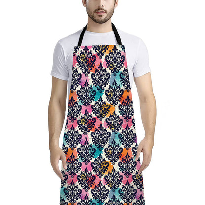 Colorful Damask Pattern Print Bib Apron With Pocket