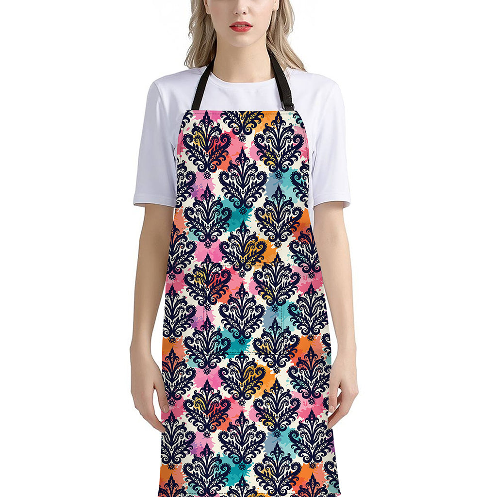 Colorful Damask Pattern Print Bib Apron With Pocket