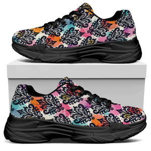 Colorful Damask Pattern Print Black Chunky Shoes