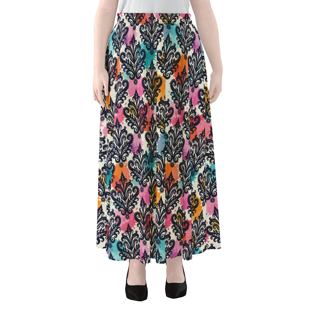 Colorful Damask Pattern Print Chiffon Maxi Skirt