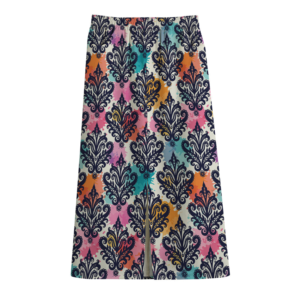 Colorful Damask Pattern Print Cotton Front Slit Maxi Skirt