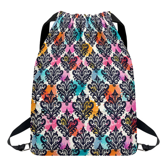 Colorful Damask Pattern Print Drawstring Backpack