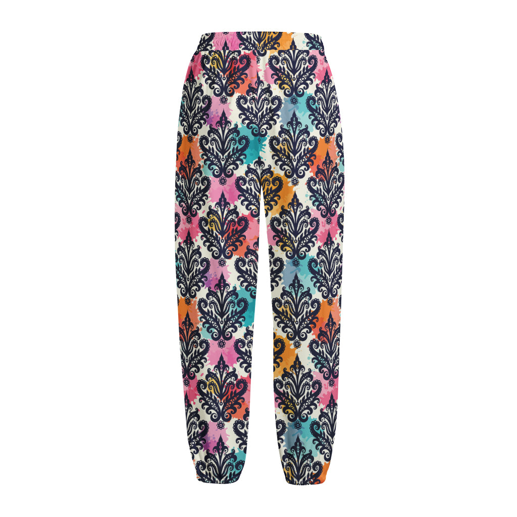 Colorful Damask Pattern Print Fleece Lined Knit Pants