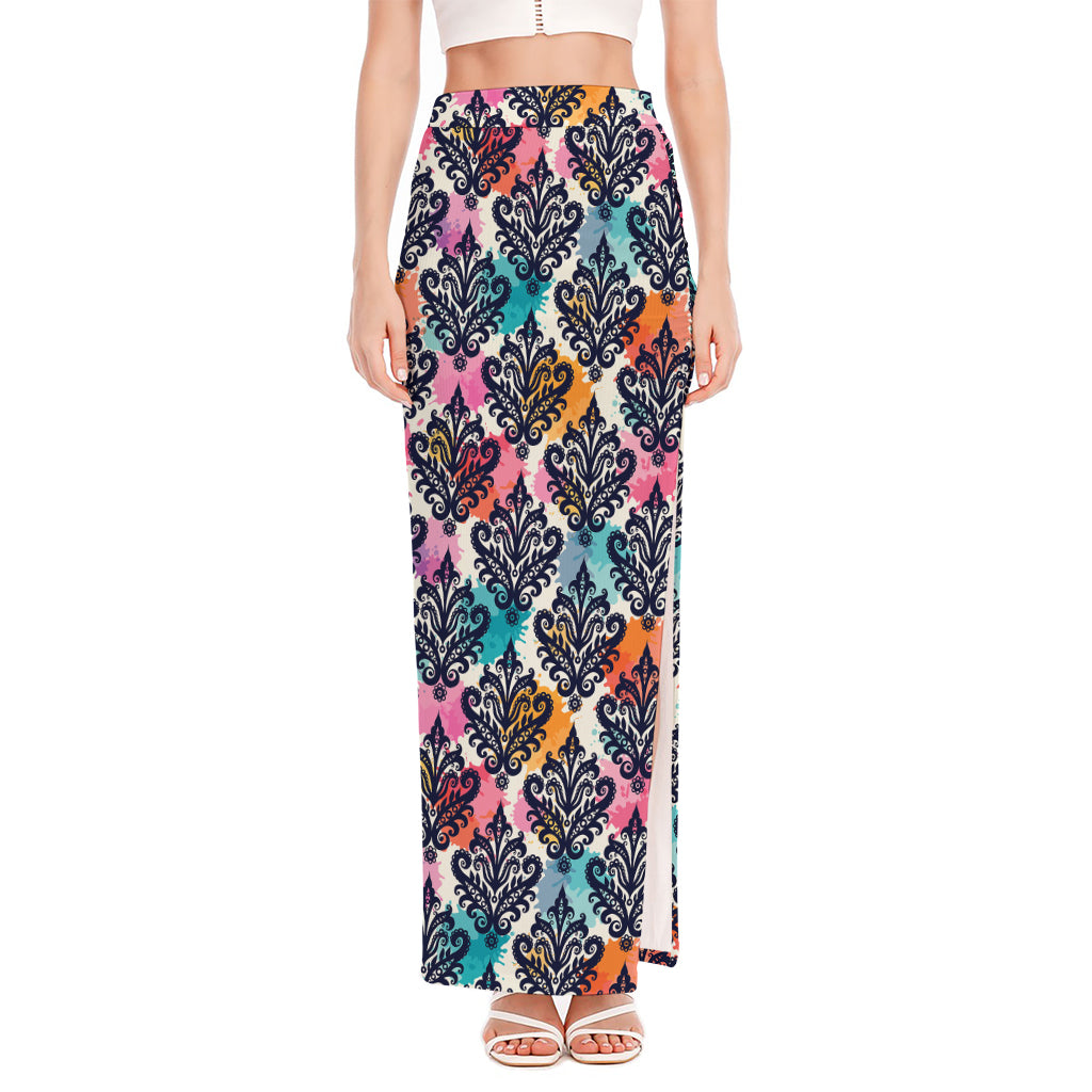 Colorful Damask Pattern Print High Slit Maxi Skirt