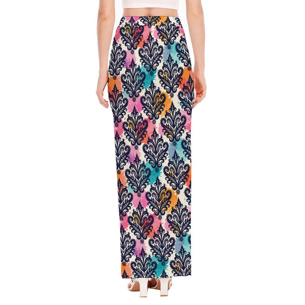 Colorful Damask Pattern Print High Slit Maxi Skirt