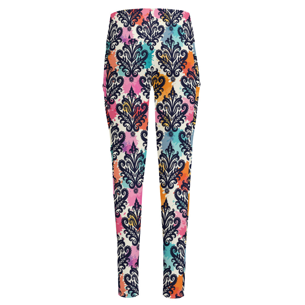 Colorful Damask Pattern Print High-Waisted Pocket Leggings