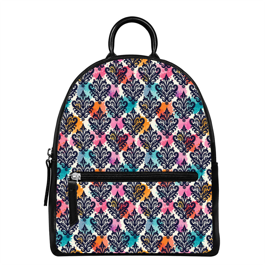 Colorful Damask Pattern Print Leather Backpack