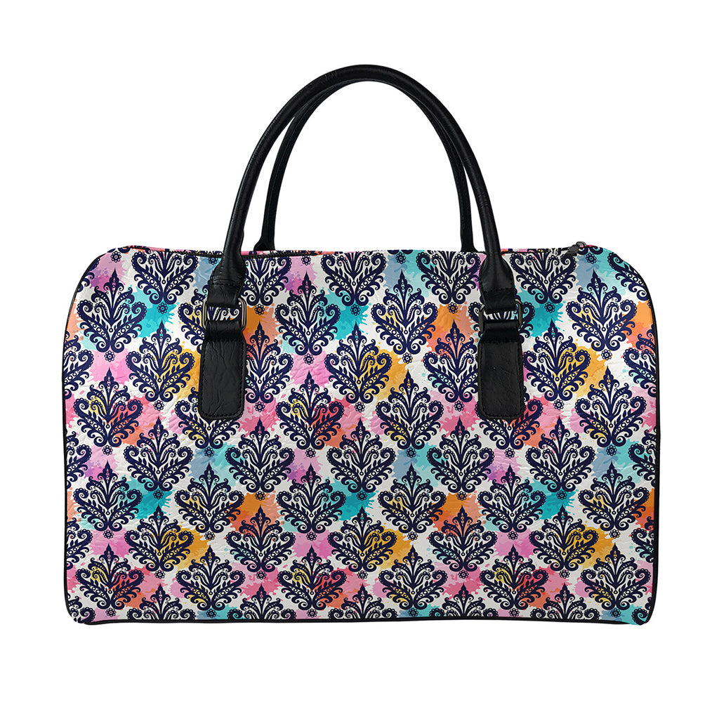 Colorful Damask Pattern Print Leather Duffle Bag