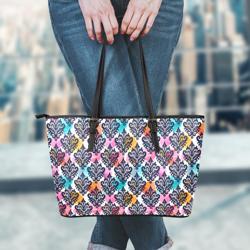 Colorful Damask Pattern Print Leather Tote Bag