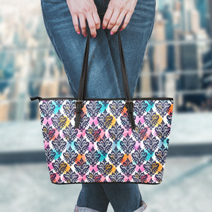 Colorful Damask Pattern Print Leather Tote Bag