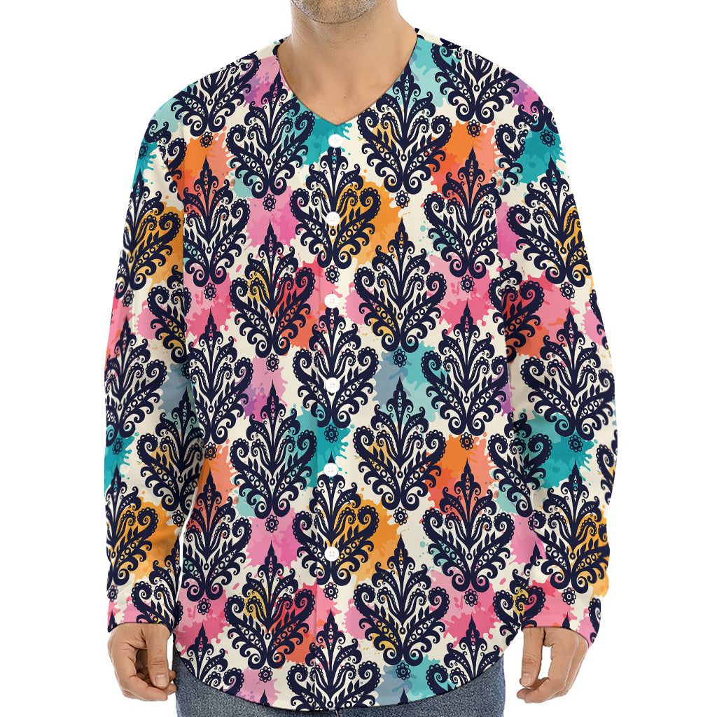 Colorful Damask Pattern Print Long Sleeve Baseball Jersey