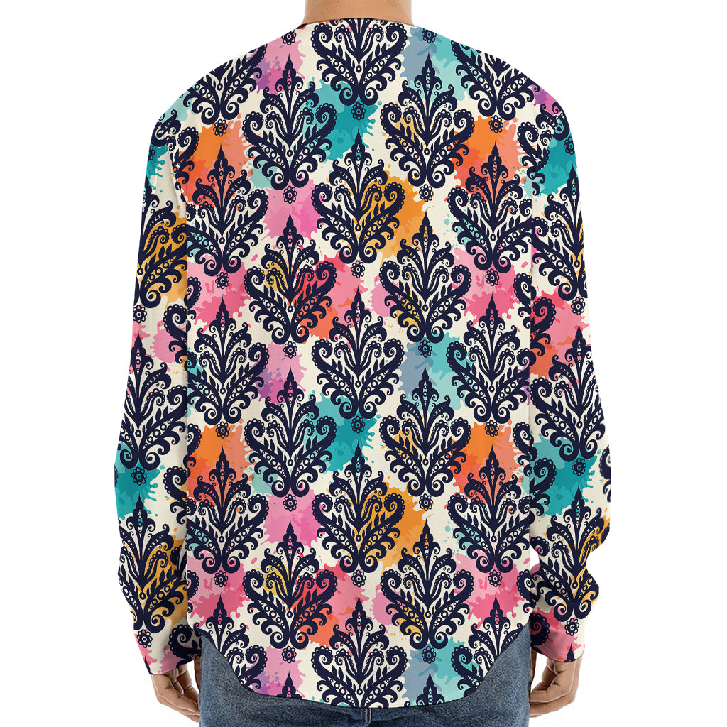 Colorful Damask Pattern Print Long Sleeve Baseball Jersey