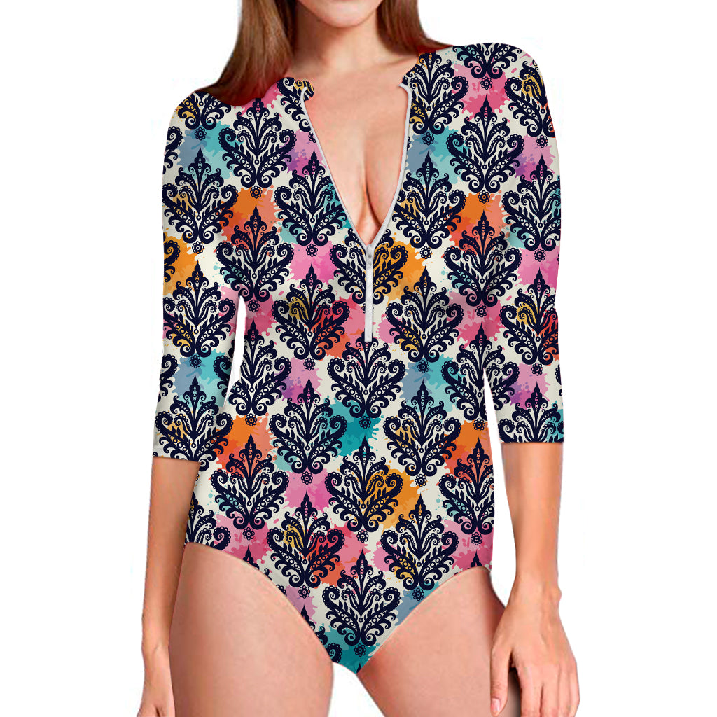 Colorful Damask Pattern Print Long Sleeve Swimsuit