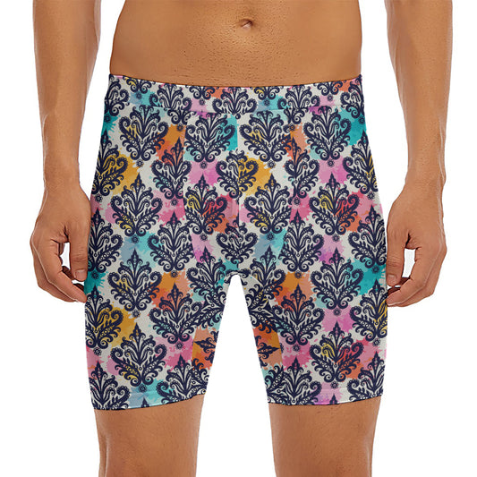 Colorful Damask Pattern Print Men's Long Boxer Briefs