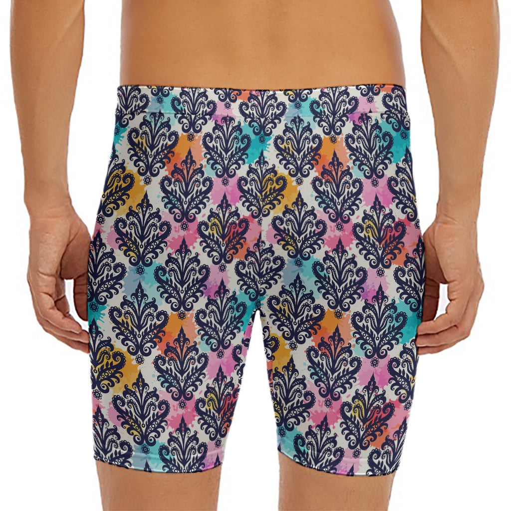Colorful Damask Pattern Print Men's Long Boxer Briefs
