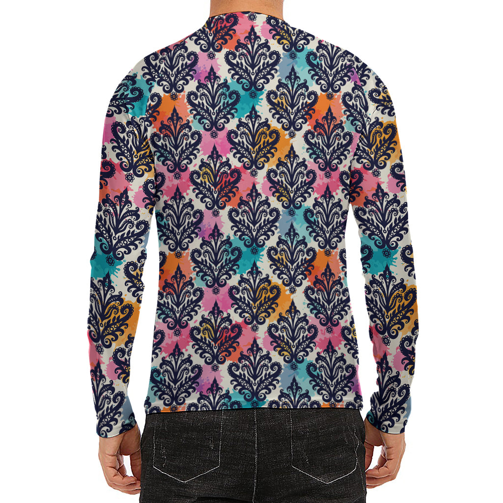 Colorful Damask Pattern Print Men's Long Sleeve Rash Guard