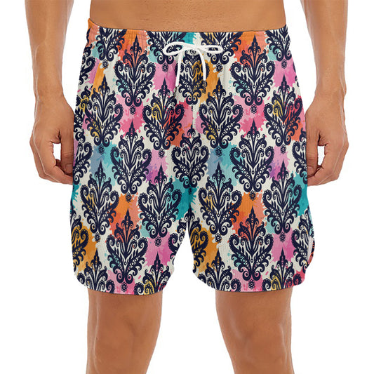 Colorful Damask Pattern Print Men's Split Running Shorts