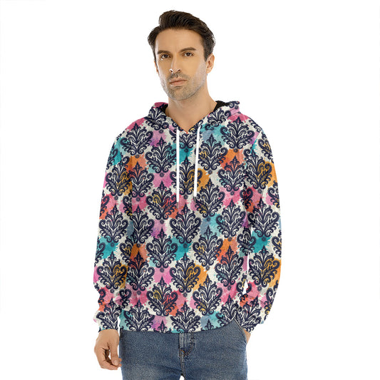 Colorful Damask Pattern Print Men's Velvet Pullover Hoodie