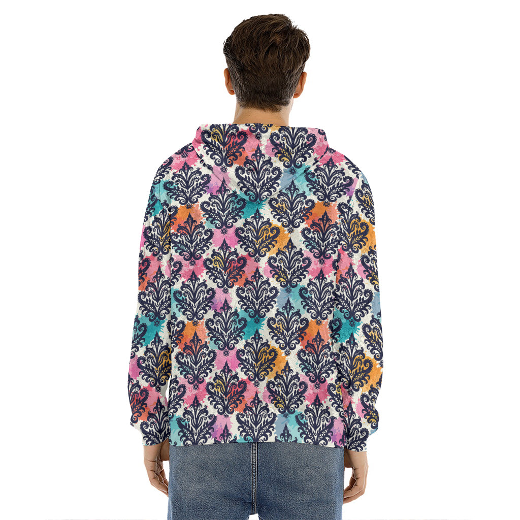 Colorful Damask Pattern Print Men's Velvet Pullover Hoodie