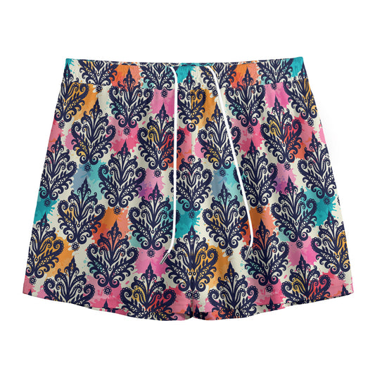 Colorful Damask Pattern Print Mesh Shorts