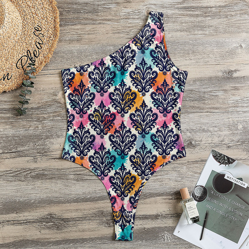Colorful Damask Pattern Print One Shoulder Bodysuit