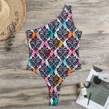 Colorful Damask Pattern Print One Shoulder Bodysuit