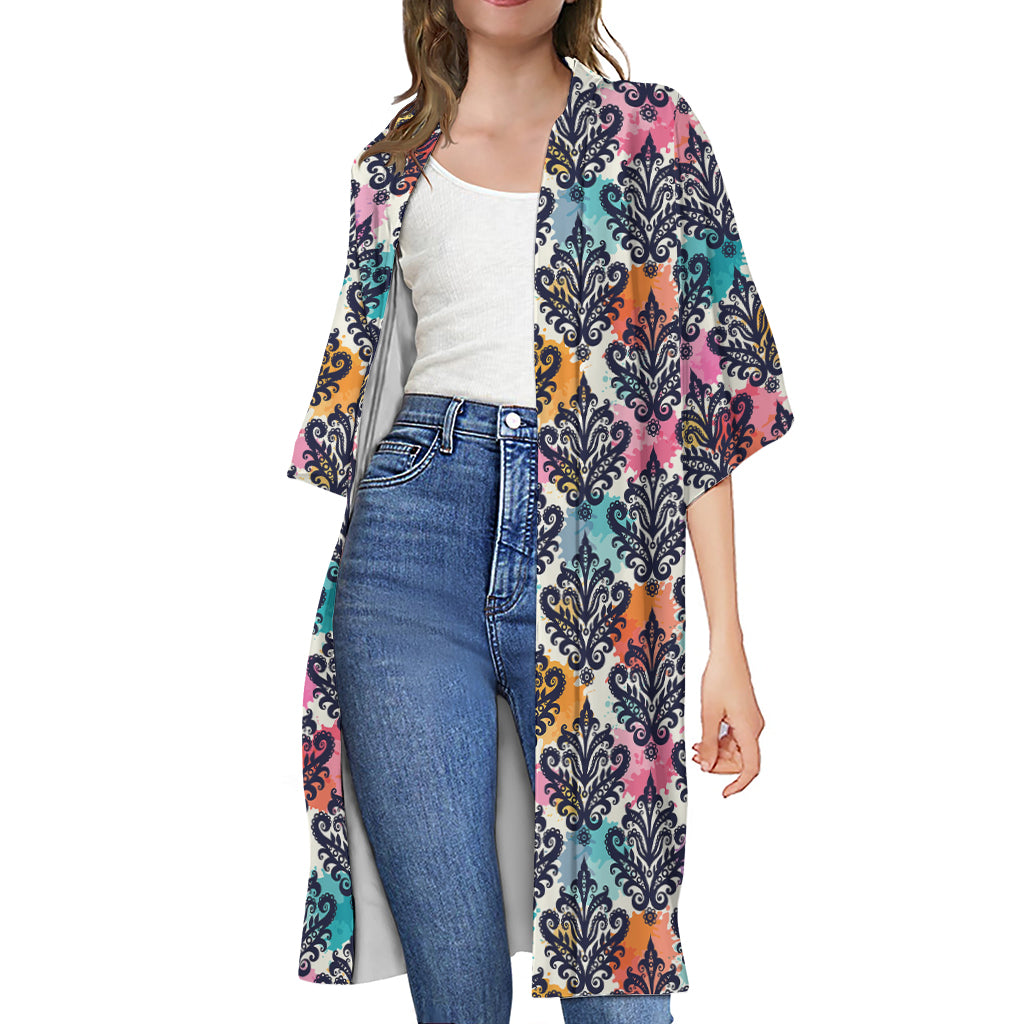 Colorful Damask Pattern Print Open Front Beach Cover Up