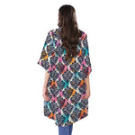 Colorful Damask Pattern Print Open Front Beach Cover Up